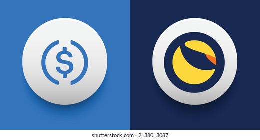 Crypto coins USD Coin (USDC) and Terra (LUNA). Cryptocurrency based on block chain technology. Altcoin vector decentralized finance theme. Can be used for comparison and infographics template