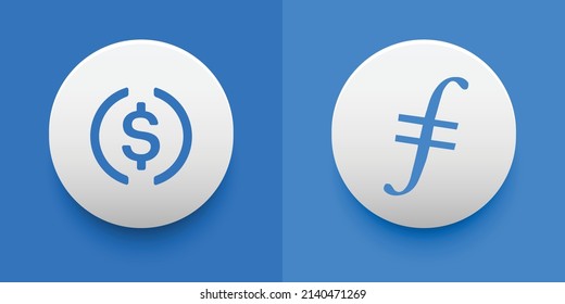 Monedas de criptografía: Moneda USD (USDC) y Filecoin (FIL). Criptodivisa basada en tecnología de cadena de bloques. Tema de financiación descentralizada de vectores de Altcoin. Se puede utilizar para la plantilla de comparación e infografía