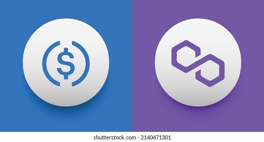 Crypto coins USD Coin (USDC) and Polygon (MATIC). Cryptocurrency based on block chain technology. Altcoin vector decentralized finance theme. Can be used for comparison and infographics template