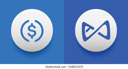 Crypto coins USD Coin (USDC) and Axie Infinity (AXS). Cryptocurrency based on block chain technology. Altcoin vector decentralized finance theme. Can be used for comparison and infographics template