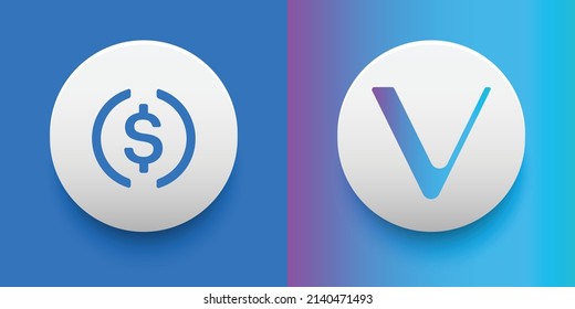 Crypto coins USD Coin (USDC) and VeChain (VET). Cryptocurrency based on block chain technology. Altcoin vector decentralized finance theme. Can be used for comparison and infographics template