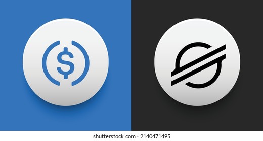 Crypto coins USD Coin (USDC) and Stellar (XLM). Cryptocurrency based on block chain technology. Altcoin vector decentralized finance theme. Can be used for comparison and infographics template