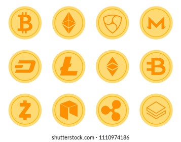 Crypto Coins Vector Icons Set. Cryptocurrency Logo Set - Bitcoin, Litecoin, Ethereum, Ethereum Classic, Monero, Ripple, Zcash Dash, Stratis, Bytecoin, NEO, NEM.
