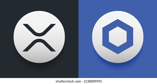 Crypto-Münzen Xrp (XRP) und Chainlink (LINK). Kryptowährung auf der Basis der Blockkettentechnologie. Altcoin-Vektorgrafik dezentralisiertes Finanzthema. Kann für Vergleich und Infografik-Vorlage verwendet werden