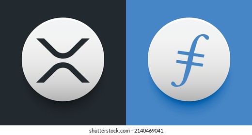 Crypto coins Xrp (XRP) and Filecoin (FIL). Cryptocurrency based on block chain technology. Altcoin vector decentralized finance theme. Can be used for comparison and infographics template
