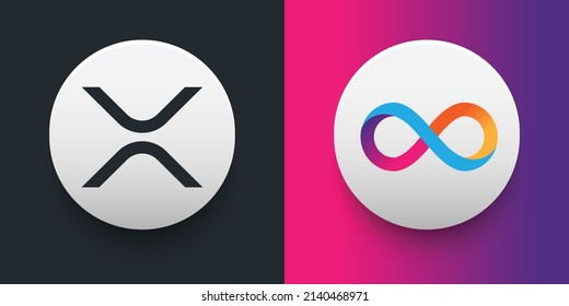 Crypto coins Xrp (XRP) and Internet Computer (ICP). Cryptocurrency based on block chain technology. Altcoin vector decentralized finance theme. Can be used for comparison and infographics template