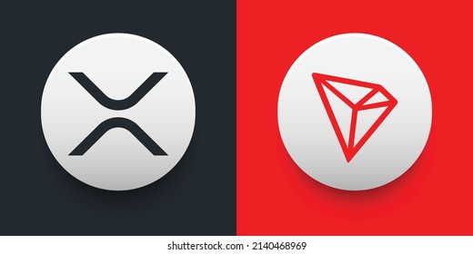 Crypto coins Xrp (XRP) and Tron (TRX). Cryptocurrency based on block chain technology. Altcoin vector decentralized finance theme. Can be used for comparison and infographics template