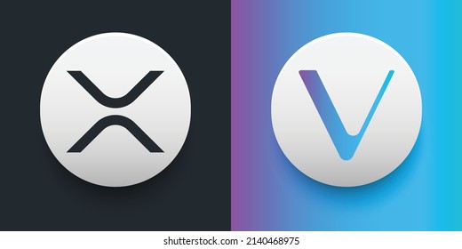 Crypto coins Xrp (XRP) and VeChain (VET). Cryptocurrency based on block chain technology. Altcoin vector decentralized finance theme. Can be used for comparison and infographics template