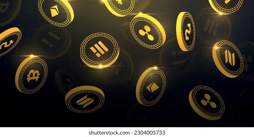 Las pinturas criptográficas vuelan oro. Tecnología de la cadena de bloqueo, inversión y comercio. Altcoin y bitcoína, litecoina y eéteo. Comercio y finanzas, ingresos pasivos. Isometric vector ilustración