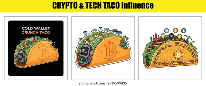 Crypto Cold Wallet Crunch Taco com Bitcoin Símbolo e Circuito Palavras-chave: taco, crypto, bitcoin