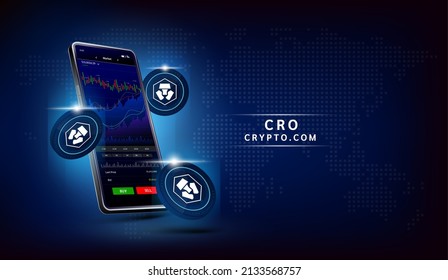 Crypto Com (CRO) coin and Phone. App for trading crypto currency on the touch screen smartphone. Data analytics stock market. Trends and financial strategy. Mobile banking cryptocurrency. Vector 3d. 