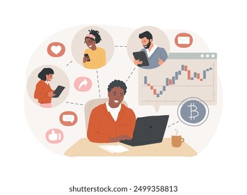 Crypto community manager isolated cartoon vector illustrations. Professional cryptocurrency analyst with laptop at work in office, blockchain technology, money investment vector cartoon.