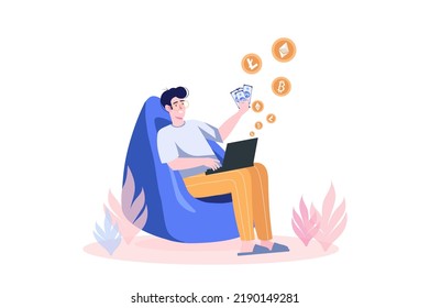 Crypto concept with people scene in flat cartoon. Man sitting at home deals with cryptocurrency and earns money from it. Vector illustration.