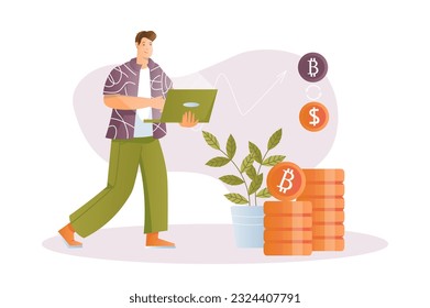 Crypto concept with people scene in the flat cartoon design. The man works in the crypto business. Vector illustration.