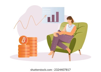 Crypto concept with people scene in the flat cartoon design. A girl earns money on cryptocurrency while sitting at home. Vector illustration.