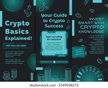Crypto courses education class social media stories design template set vector flat illustration. Bitcoin currency virtual cyberspace finance learning studying announcement poster with line elements