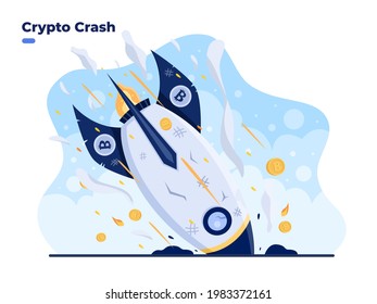 Crypto Crash vector flat illustration. Bitcoin price collapse, cryptocurrency volatility price roaring fast and fall down. Crypto loss. Cryptocurrency investment high risk. Crypto market drop.