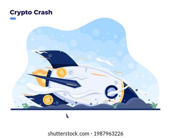 Crypto Crash vector flat illustration concept with bitcoin rocket crashing to ground. Bitcoin market crash or depreciation. Price Collapse of Cryptocurrency. Huge loss at crypto investment. 