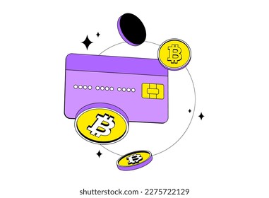 Crypto credit card with bitcoin. Isolated. Cryptocurrency digital wallet online. Isometric. Coin transfer. Neobrutalism style svg