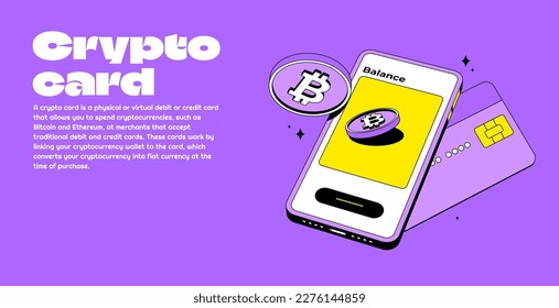 Tarjeta de crédito criptográfica con bitcoin y móvil. Cartera digital de criptodivisa en línea. Transferencia de monedas.  Isometric. Estilo moderno