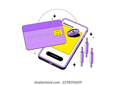 Crypto credit card with bitcoin, mobile and candlestick. Isolated. Cryptocurrency digital wallet online. Coin transfer.  Isometric. Modern style. Isometric