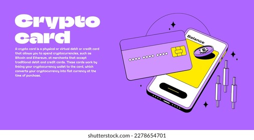 Crypto credit card with bitcoin, mobile and candlestick. Cryptocurrency digital wallet online. Coin transfer. Isometric. Modern style