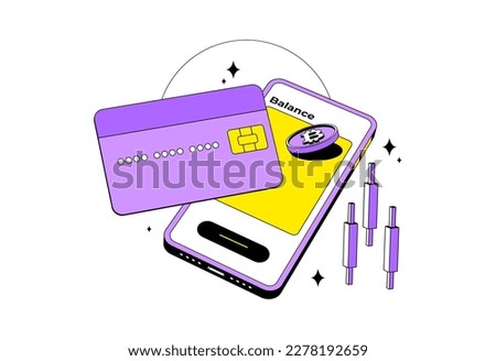 Crypto credit card with bitcoin, mobile and candlestick. Isolated. Cryptocurrency digital wallet online. Coin transfer.  Isometric. Modern style. Isometric