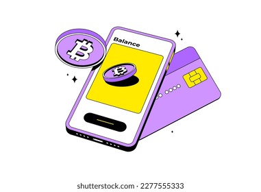 Crypto credit card with mobile. Isolated. cryptocurrency digital wallet online. Coin transfer.  Isometric. Modern style