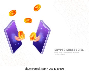 Diseño De Afiches Basado En Monedas Criptográficas Con Monedas De Cripto Dorado 3D Intercambio A Través De Smartphone En Fondo Digital De Red Blanca.