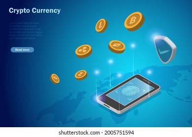 Crypto Currencies, Bitcoin, Ethereum, Litecoins, Ripple And Z Cash On Smart Phone With Fingerprint Scanning Security. Financial And Investment Cyber Security In Digital Asset Concept.