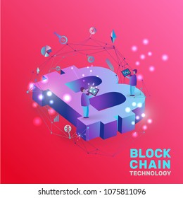 Crypto currencies and block chain technology illustration. Isometric design concept with virtual account and money, mining cryptocurrency isolated on color background vector illustration.