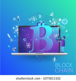 Crypto currencies and block chain technology illustration. Isometric design concept with virtual account and money, mining cryptocurrency isolated on color background vector illustration.