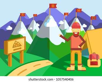 Crypto currencies concept of journey travel through mountains valley. Ethereum, Bitcoin on flags snow-capped peaks. Modern flat style vector illustration icons. 
Happy smile cute busimessman mining. 