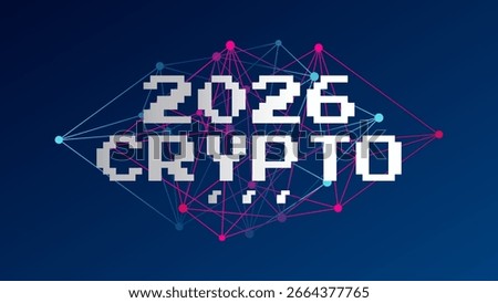 Crypto currency 2026. Blockchain technology. Virtual money for business, finance, digital global trade, payment, exchange. Vector blue pink gradient triangle pattern