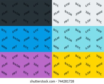 Crypto currency background. Bitcoin, Ethereum, Ethereum classic, Dash, Litecoin, Monero, Nem, Ripple, Zcash. Vector illustration.