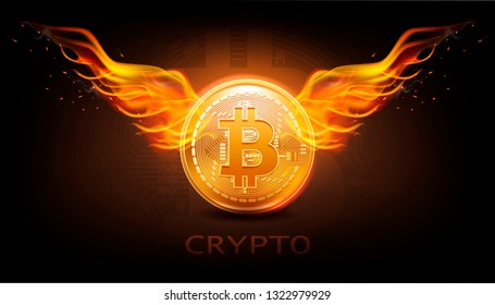 Crypto currency background with bitcoin and fire wings