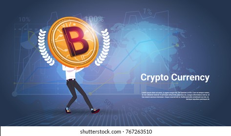 Crypto Currency Banner Man Holding Golden Bitcoin Over World Map Background Digital Web Money Concept Vector Illustration