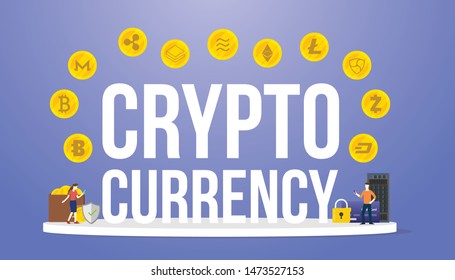 crypto currency big words with various options of cryptocurrency money with money and modern flat style - vector