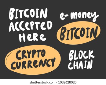 Crypto currency, bitcoin accepted here, block chain Stickers set for social media. Vector hand drawn illustration design. Bubble pop art comic style poster, t shirt print, post card, video blog cover