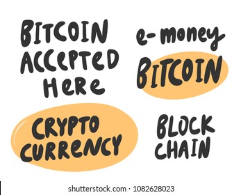 Crypto currency, bitcoin accepted here, block chain Stickers set for social media. Vector hand drawn illustration design. Bubble pop art comic style poster, t shirt print, post card, video blog cover