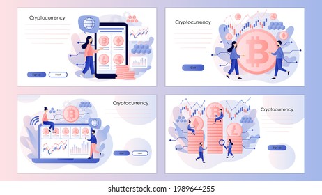 Crypto currency. Bitcoin, altcoin. Digital web money. Blockchain. Fintech industry. Trading. Screen template for landing page, template, ui, web, mobile app, poster, banner, flyer. Vector illustration