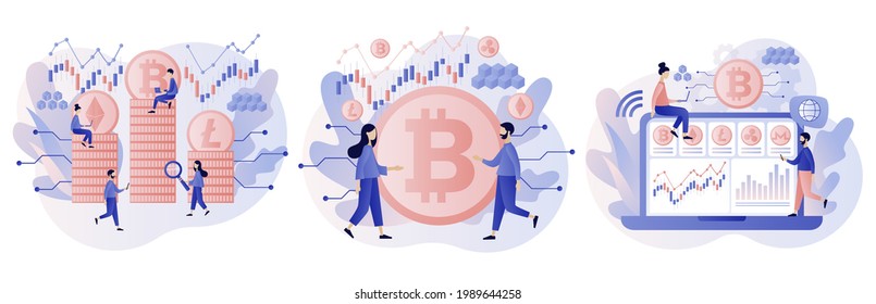 Crypto currency. Bitcoin, altcoin. Digital web money. Blockchain. Fintech industry. Business, finance. Tiny people trading and investing. Modern flat cartoon style. Vector illustration 