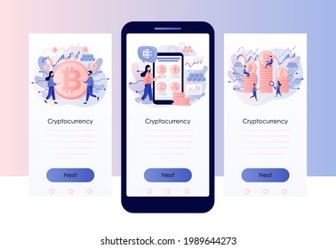 Crypto currency. Bitcoin, altcoin. Digital web money. Blockchain. Fintech industry. Business, finance, trading. Screen template for mobile, smartphone app. Modern flat cartoon style. Vector 