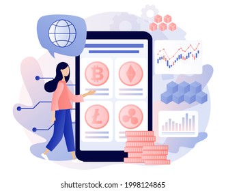 Crypto currency. Bitcoin, altcoin. Tiny woman trading and investing in smartphone app. Digital web money. Blockchain. Fintech industry. Business, finance.Modern flat cartoon style. Vector illustration