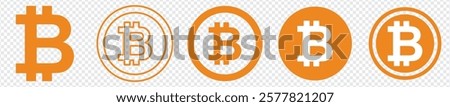 Crypto currency, bitcoin, bit coin logo. Bitcoin symbol. Flat design vector bitcoin icons, signs of modern crypto currency isolated on transparent background.