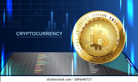 Bitcoin moneda de criptografía. Banner de Tecnología Digital de Dinero Web en Fondo Azul Con Espacio De Copia. Ilustración vectorial