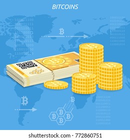 Crypto currency bitcoin concept. Paper money, banknotes and coins for trading, buying, selling, mining and transfer bitcoins. Vector illustration