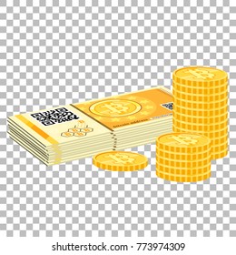 Crypto currency bitcoin concept. Paper money, banknotes and coins for trading, buying, selling, mining and transfer bitcoins on transparent background. Isolated vector illustration.