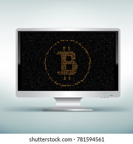 Crypto currency bitcoin display on white monitor on light blue background. Black screen with golden crypto coin. E-commerce business financial technology. Mining virtual electronic money
