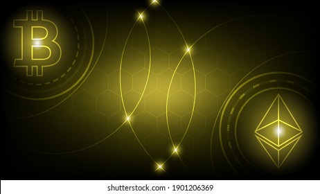 Crypto currency Bitcoin and Ethereum elements  gold light background with various technology blockchain concept innovation vector illustration.